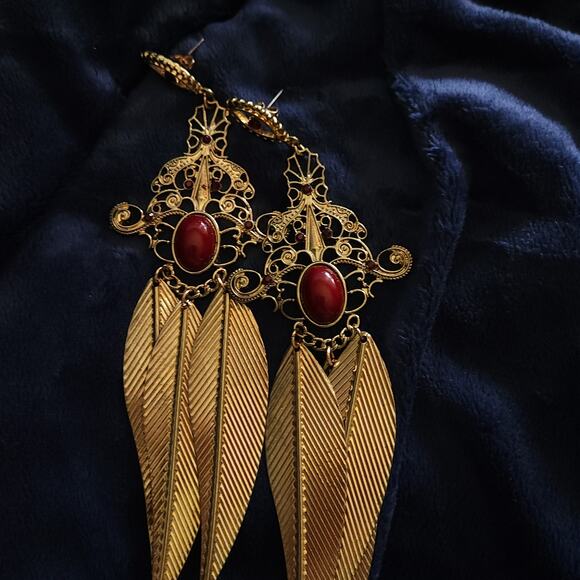 Ornate Statement Earrings Brass Feathers Etched with Blood Red Cabochon Stones - Picture 2 of 6